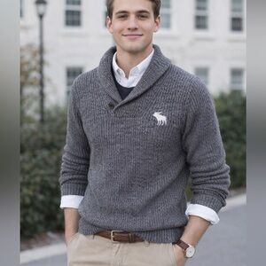 Abercrombie & Fitch Y2K Thick Gray Shawl Neck Fisherman 
Sweater Size L